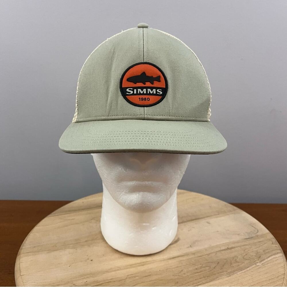 Simms Trout Patch Trucker‎ Hat Mesh SnapBack Fishing Grey Orange Adjustable